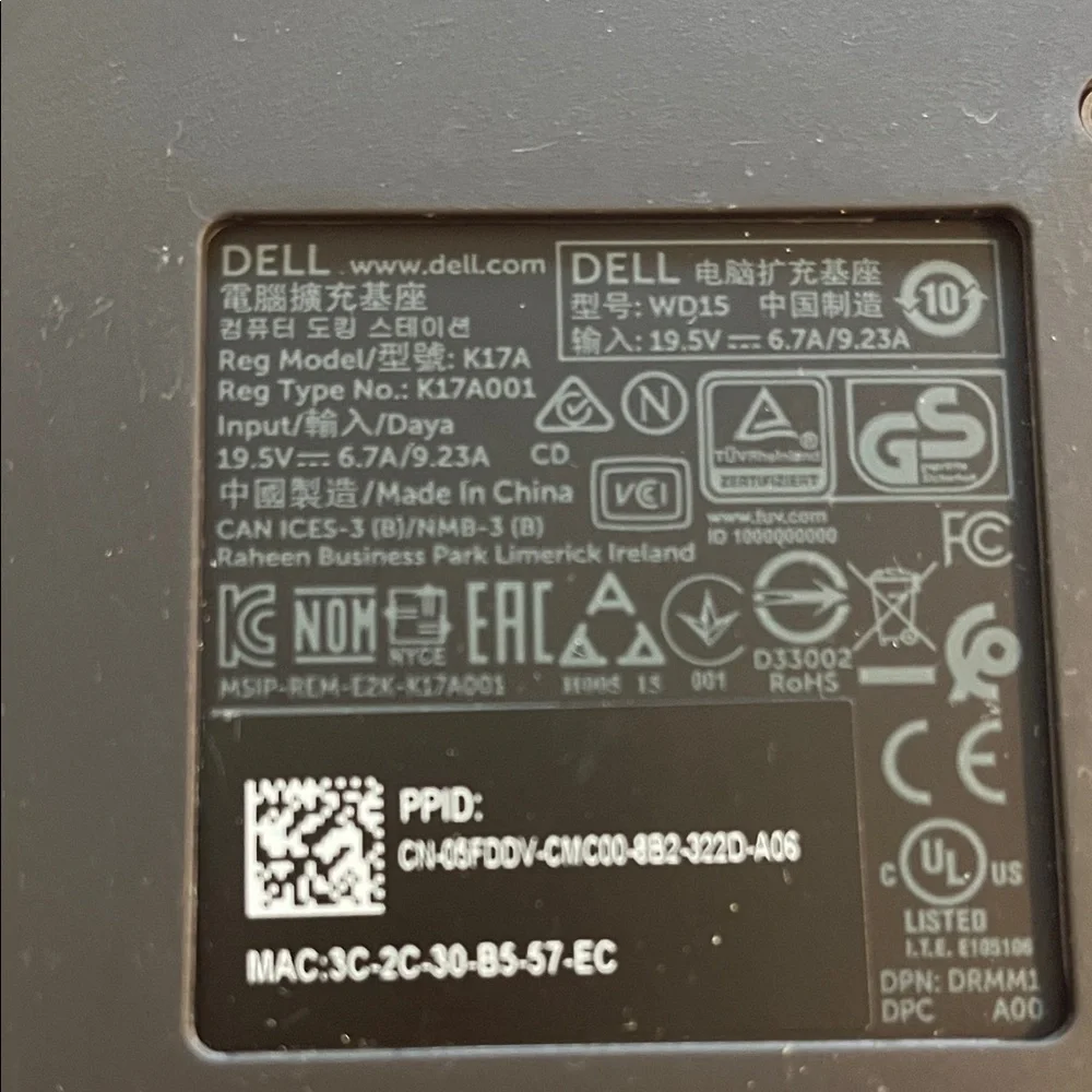 Dell Laptop K17A001 - WD15 Docking Station K17 K17A and Charge